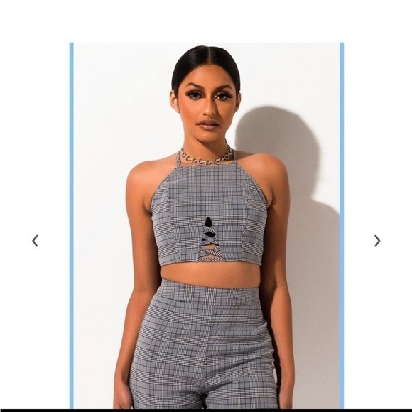 NWT AKIRA grey plaid cutout crisscross crop top L - Picture 1 of 4